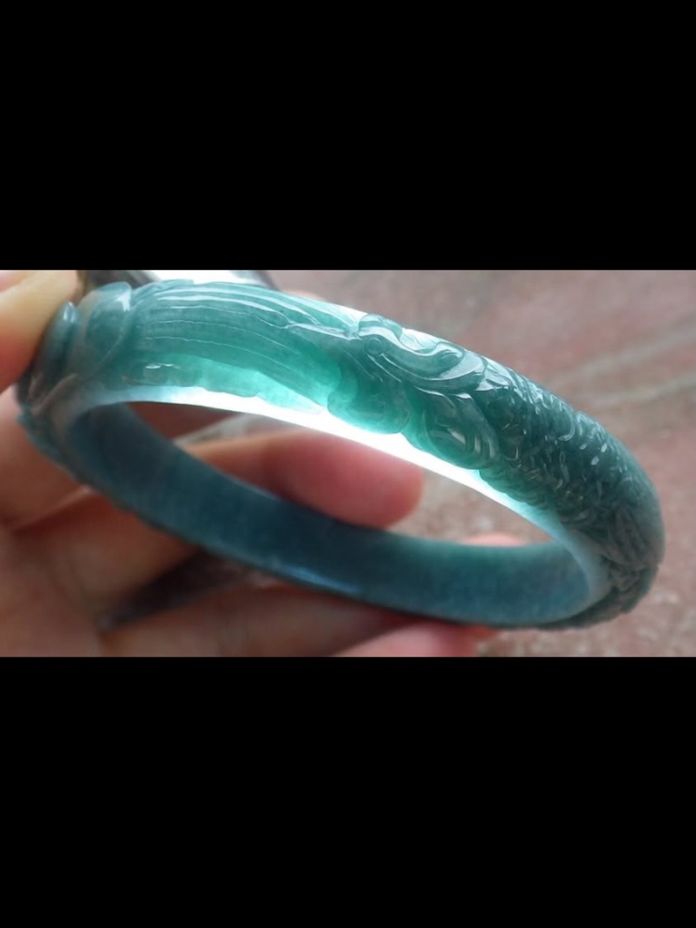 Elegant bangle water blue green jadeite jade phoenix flower 57mm 7inches